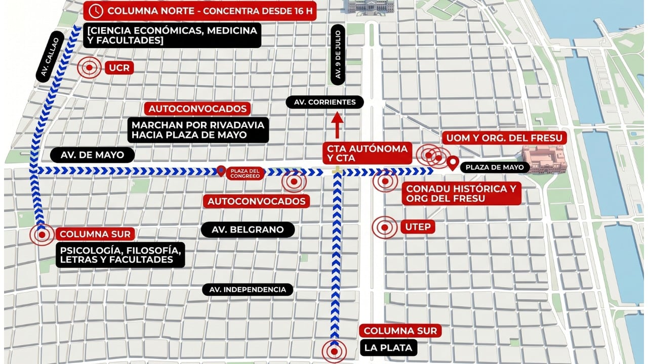 El mapa de cortes, difundido por el same, para la marcha universitaria