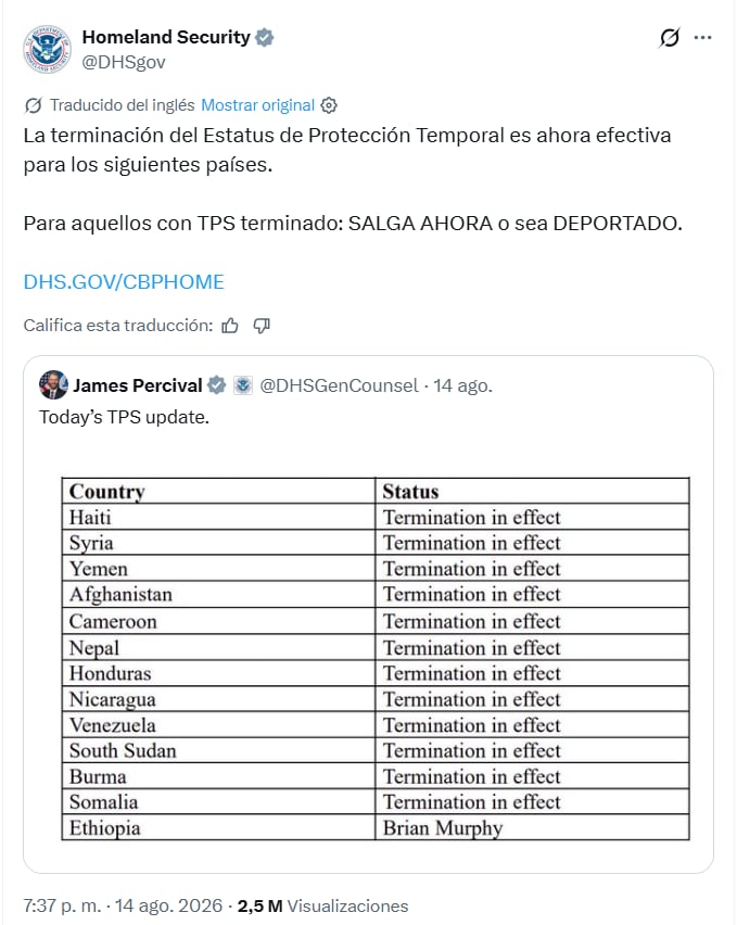 El DHS remarcó cuáles son los países que ya no tienen TPS