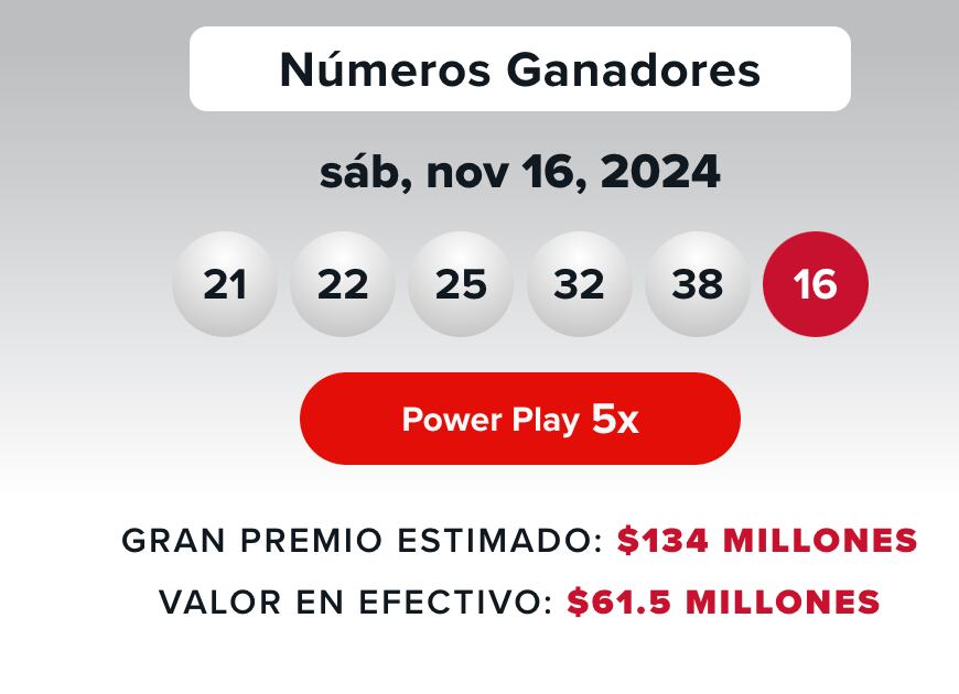 Lotería Powerball de este sábado 16 de noviembre.