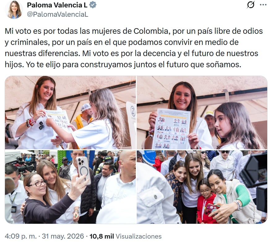 El mensaje que Paloma Valencia compartió antes del cierre de urna en su cuenta de X (Foto: Captura X/@PalomaValenciaL)