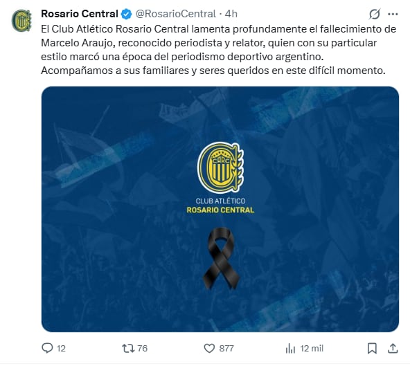 El mensaje de Rosario Central por la muerte del relator Marcelo Araujo