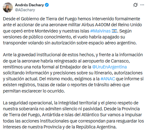 El Secretario de Malvinas, Antártida, Islas del Atlántico Sur y Asuntos Internacionales de la provincia de Tierra del Fuego pidió explicaciones a la embajada ruguaya en la Argentina y a la ANAC