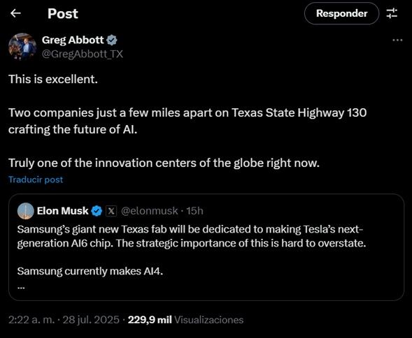 Greg Abbott apoya la unión de Tesla y Samsung para crear el chip AI6 que marcará un precedente en el ámbito de la inteligencia artificial aplicada a la movilidad