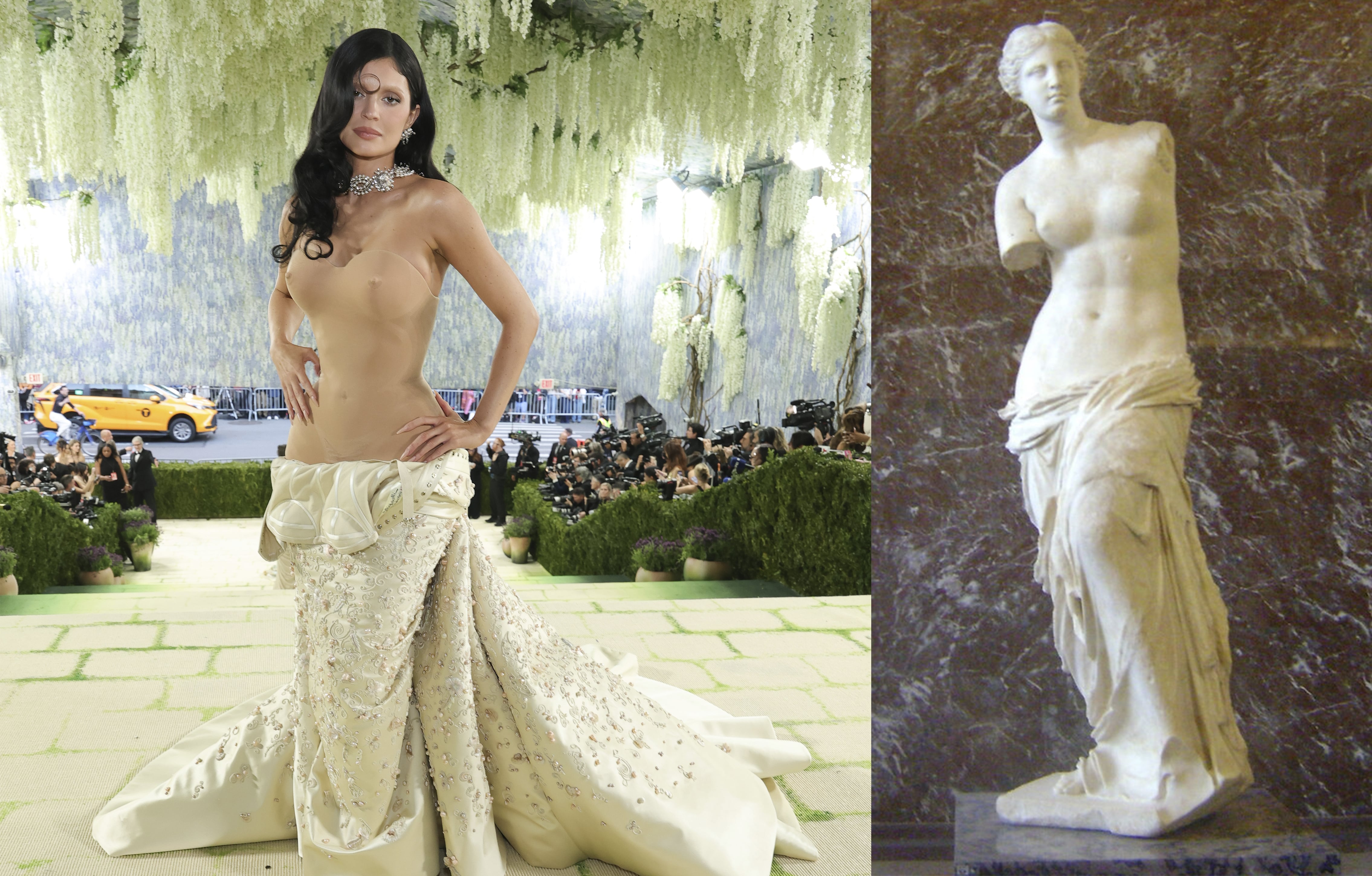 Kylie Jenner, sin su novio Timothée Chalamet, lució un diseño de Schiaparelli inspirado en la Venus de Milo, la famosa escultura griega que representa a Afrodita, diosa del amor y la belleza, y que está en el Museo del Louvre. La
menor del clan Kardashian llevó las cejas decoloradas y una fabulosa gargantilla de perlas