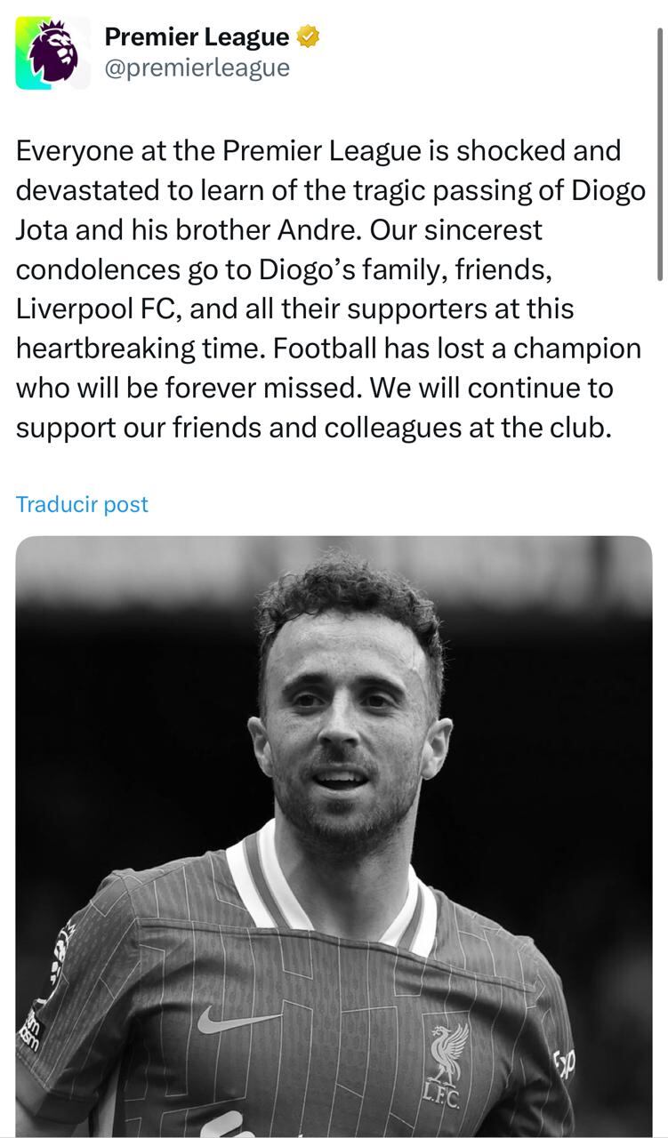 Posteo de la Premier League sobre la muerte de Diogo Jota