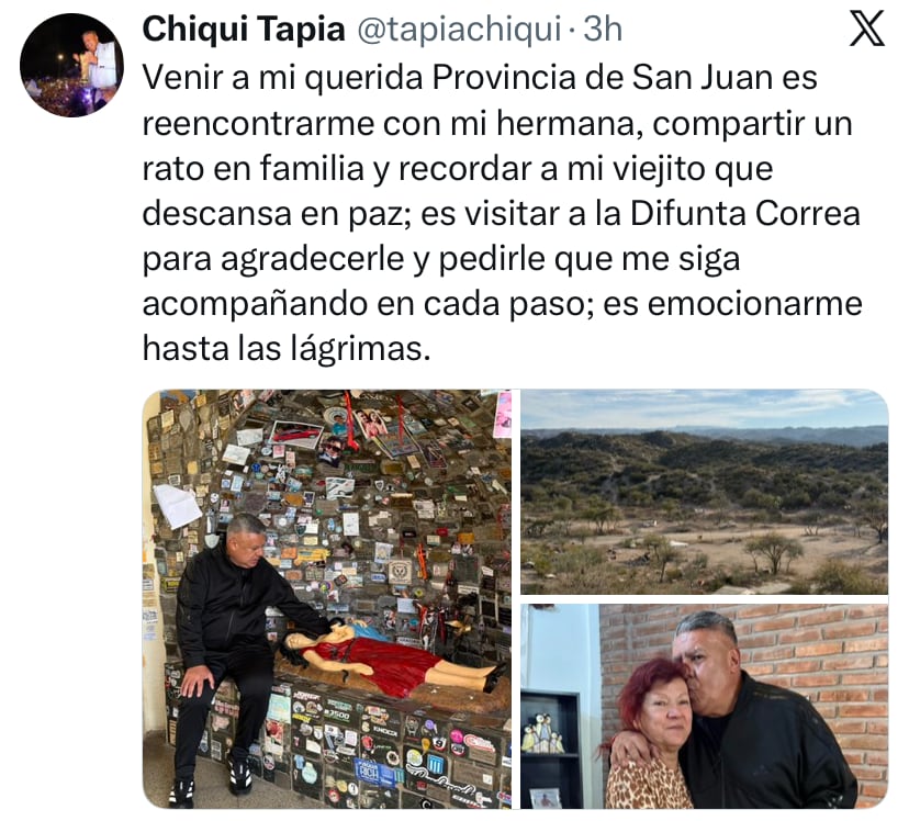 El posteo de Tapia desde San Juan