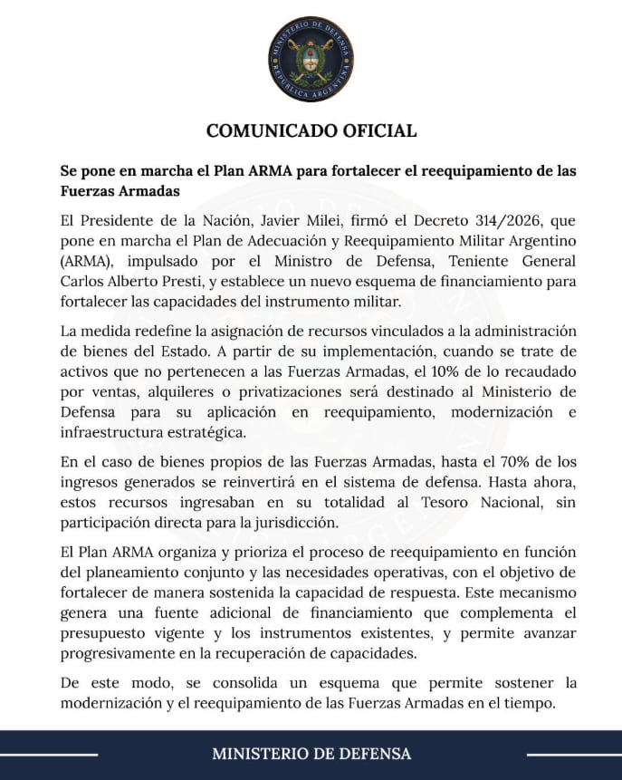 El comunicado del Ministerio de Defensa
