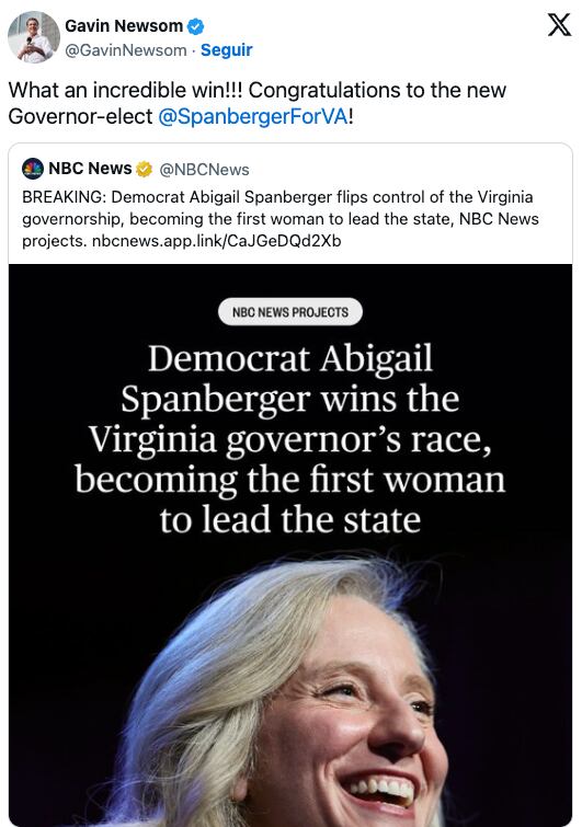 El festejo del gobernador de California, Gavin Newsom, por la victoria de la candidata demócrata de Virginia, Abigail Spanberger
