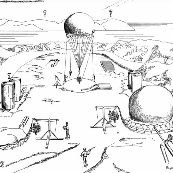Ilustración que reproduce una base de lanzamiento de los globos del Operativo Fu Go