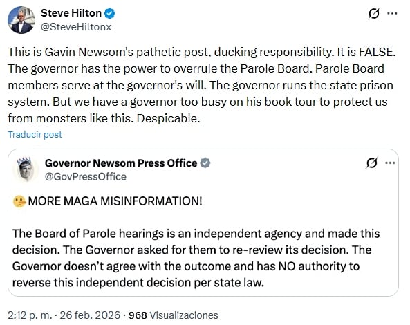Hilton señala que el gobernador si tiene el poder de anular las decisiones de la Junta de Libertad Condicional