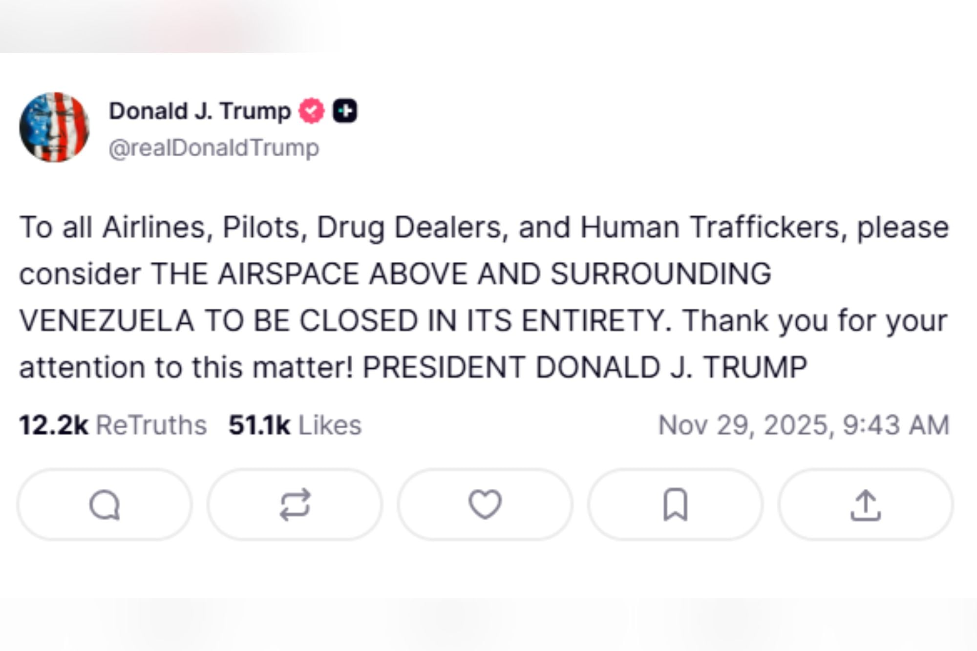 Trump advirtió del cierre del espacio aéreo en Venezuela, en medio de las tensiones con Maduro