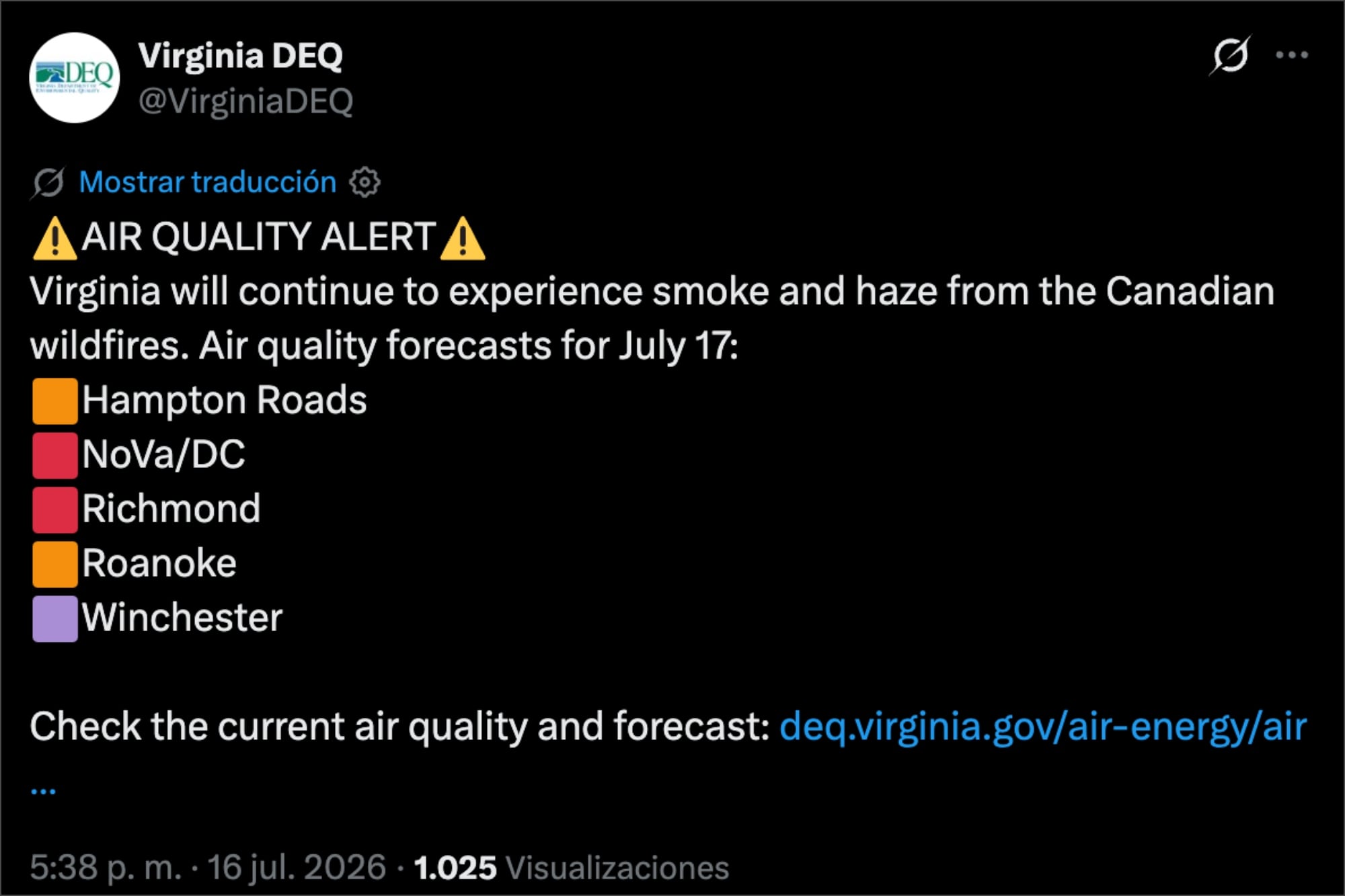 El DEQ de Virginia advirtió a los ciudadanos por la calidad del aire en ciertas ciudades