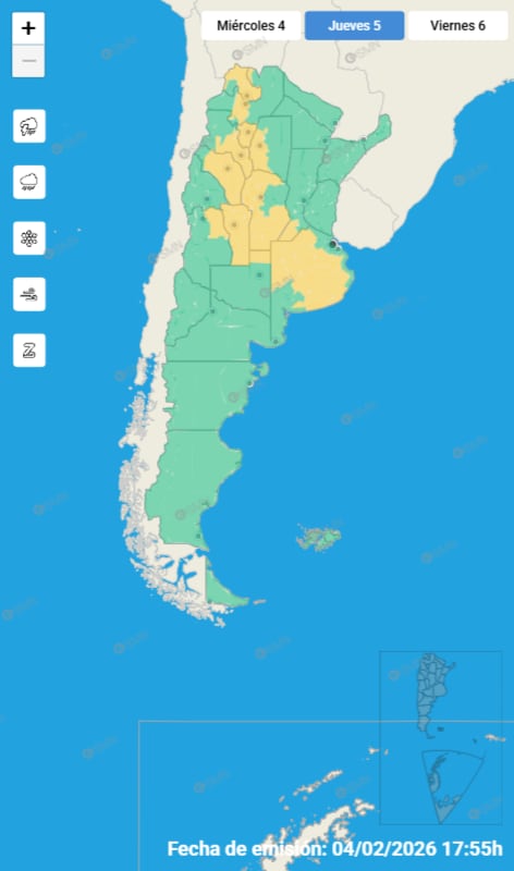 Las alertas emitidas por el SMN para este jueves 5 de febrero