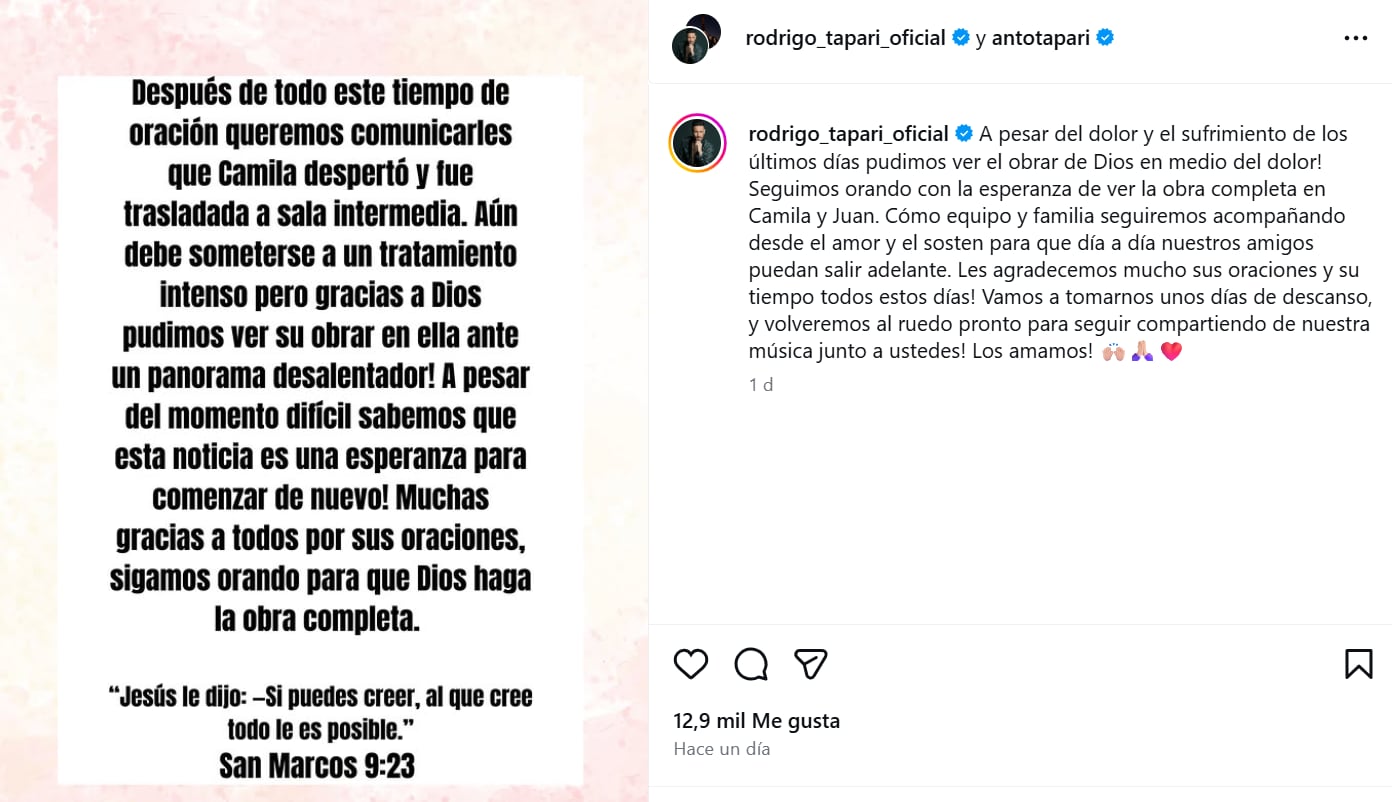 El cantante confirmó que Camila despertó y fue trasladada a una sala intermedia (Captura: Instagram @rodrigo_tapari_oficial)
