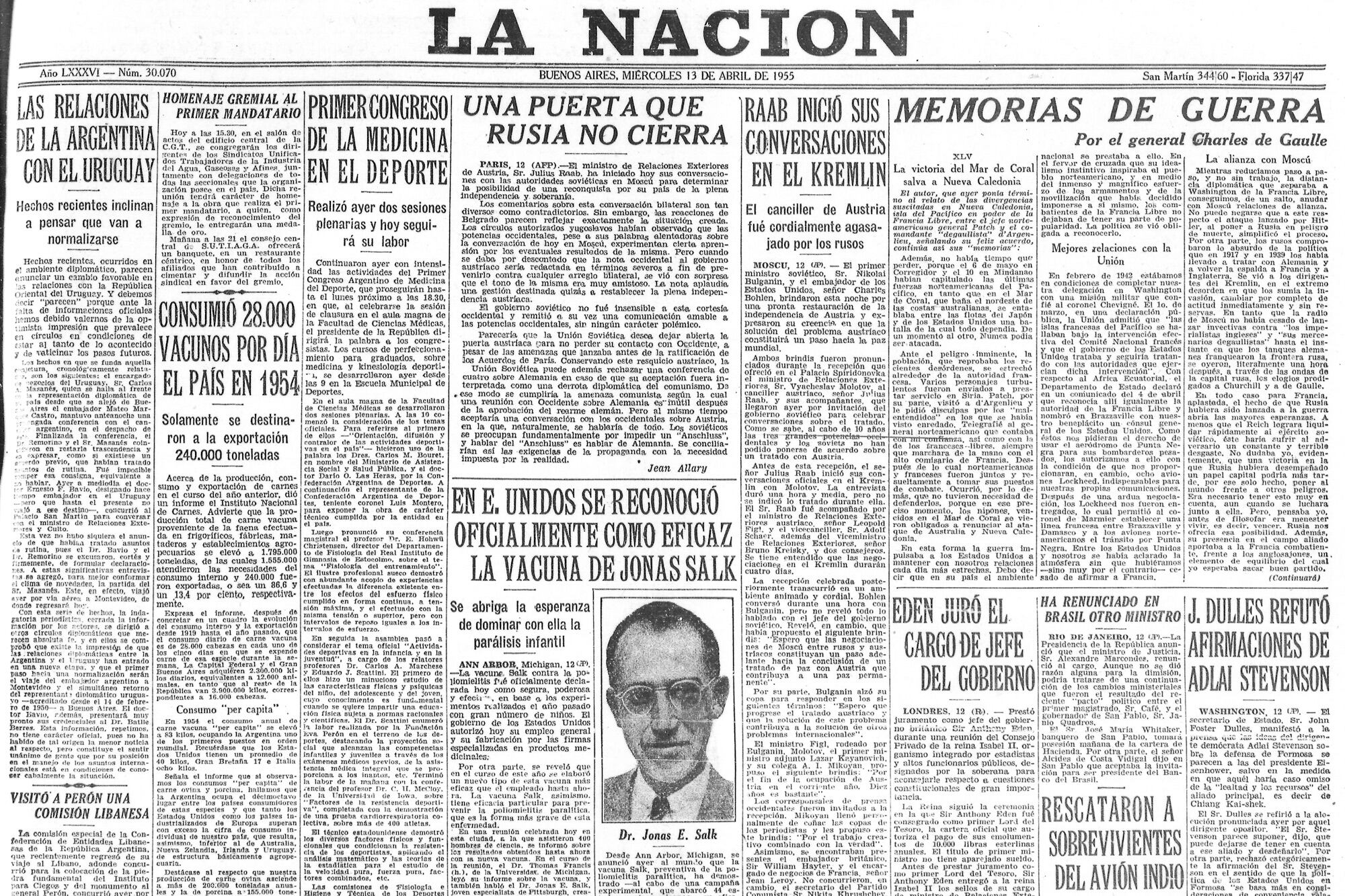 Estados Unidos anunció que la vacuna de Salk contra la polio era efectiva el 12 de abril de 1955 y fue tapa de La Nación; pero las dosis no llegaron al país hasta un año después