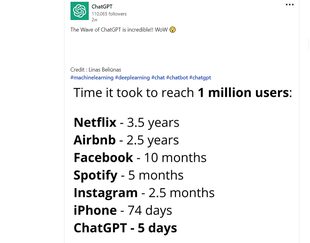 5 días después de lanzado, ChatGPT ya tenía un millón de usuarios. Celebrando su éxito en Likedin, comparó el tiempo que le tomó a otros populares servicios en línea alcanzar tal número.