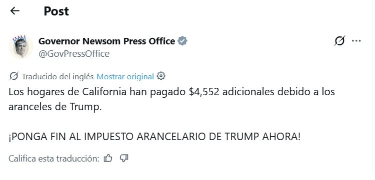 La oficina de Newsom asegura que los aranceles impuestos por Trump generaron un gasto adicional significativo de más de cuatro mil dólares por cada hogar en dicho estado