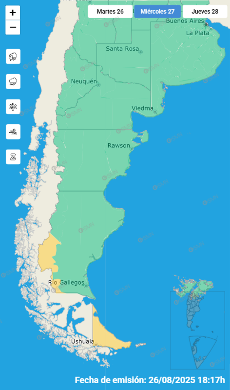 Las alertas emitidas por el SMN para este miércoles 27 de agosto.