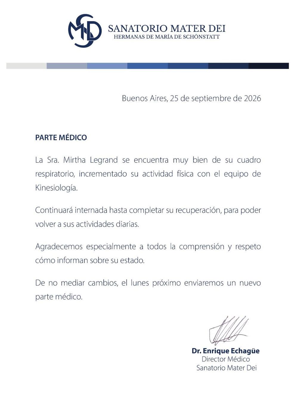 Parte médico Mirtha Legrand - 25 de septiembre