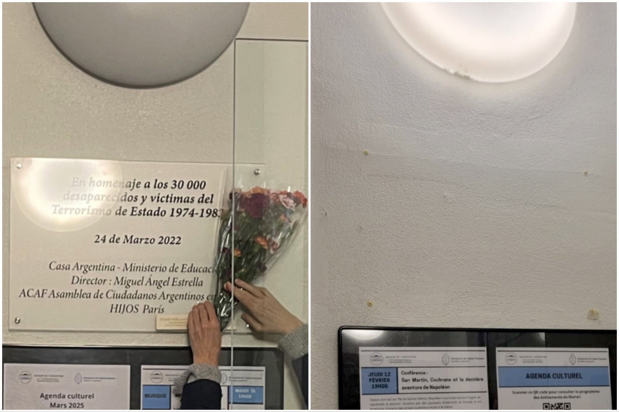 Retiraron placa en homenaje a los desaparecidos en la Casa Argentina de Paris, Francia