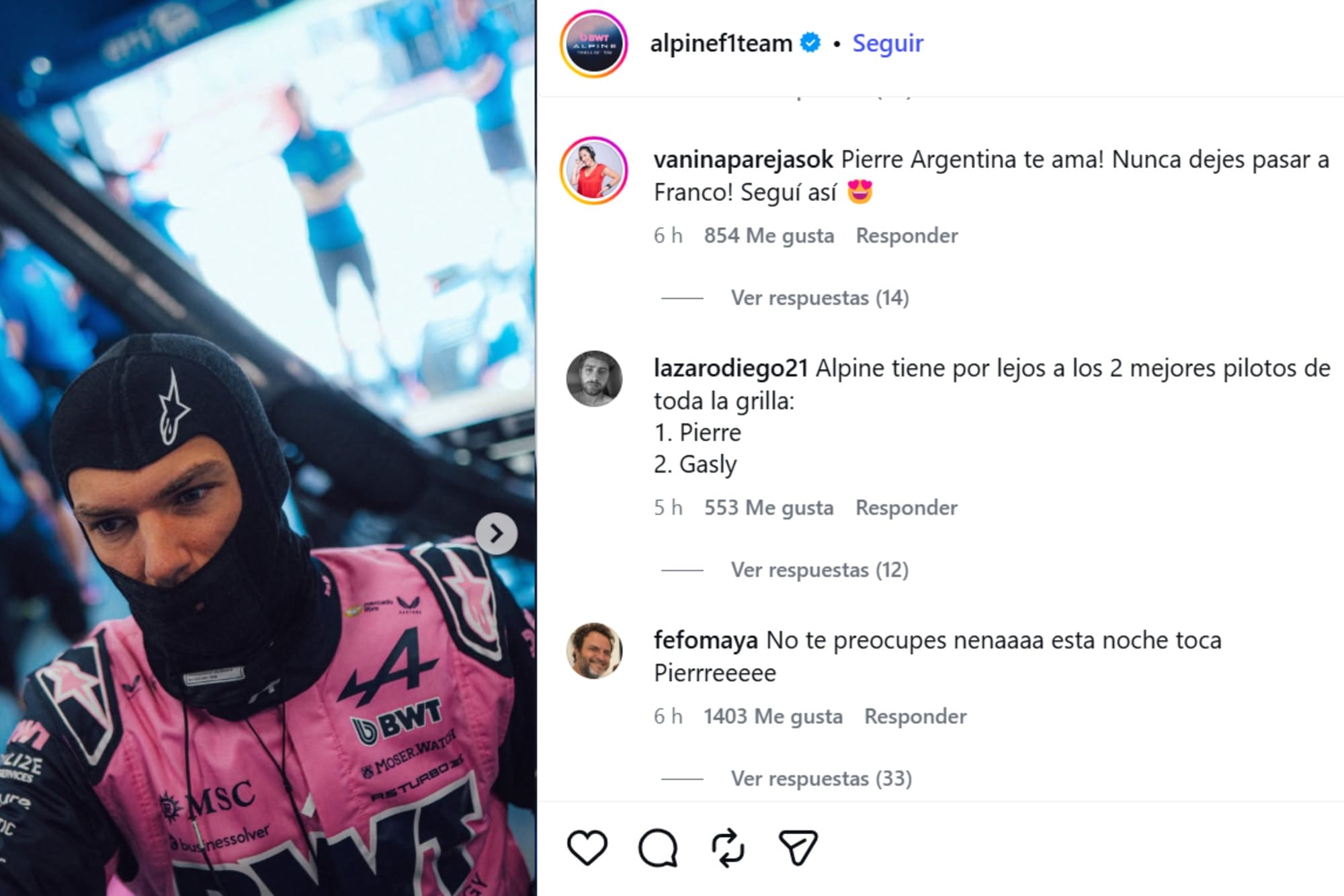 Las reacciones de los argentinos en la cuenta de Alpine después de que Pierre Gasly y Flavio Briatore lamentaran el hostigamiento al compañero de Colapinto; ahora todo cambió, con humor