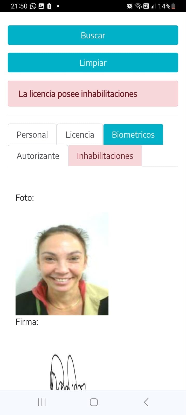 La licencia de conducir de Ernestina Pais se encontraba inhabilitada por haberse negado a un control de alcoholemia