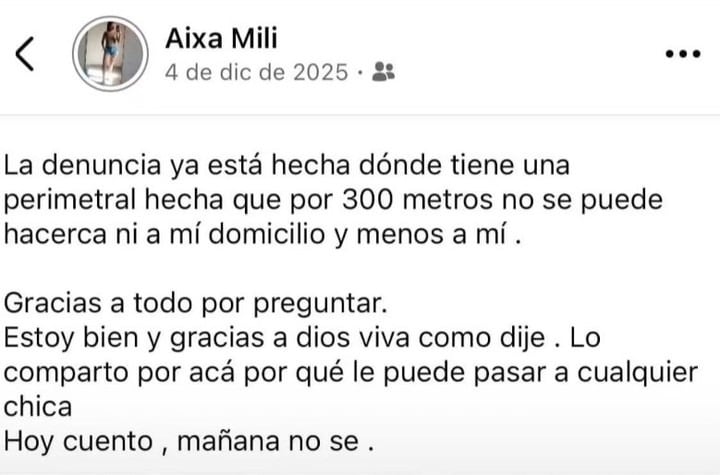 El posteo de Aixa en redes sociales, celebrando a fin de 2025 que la justicia había determinado una perimetral para su exnovio