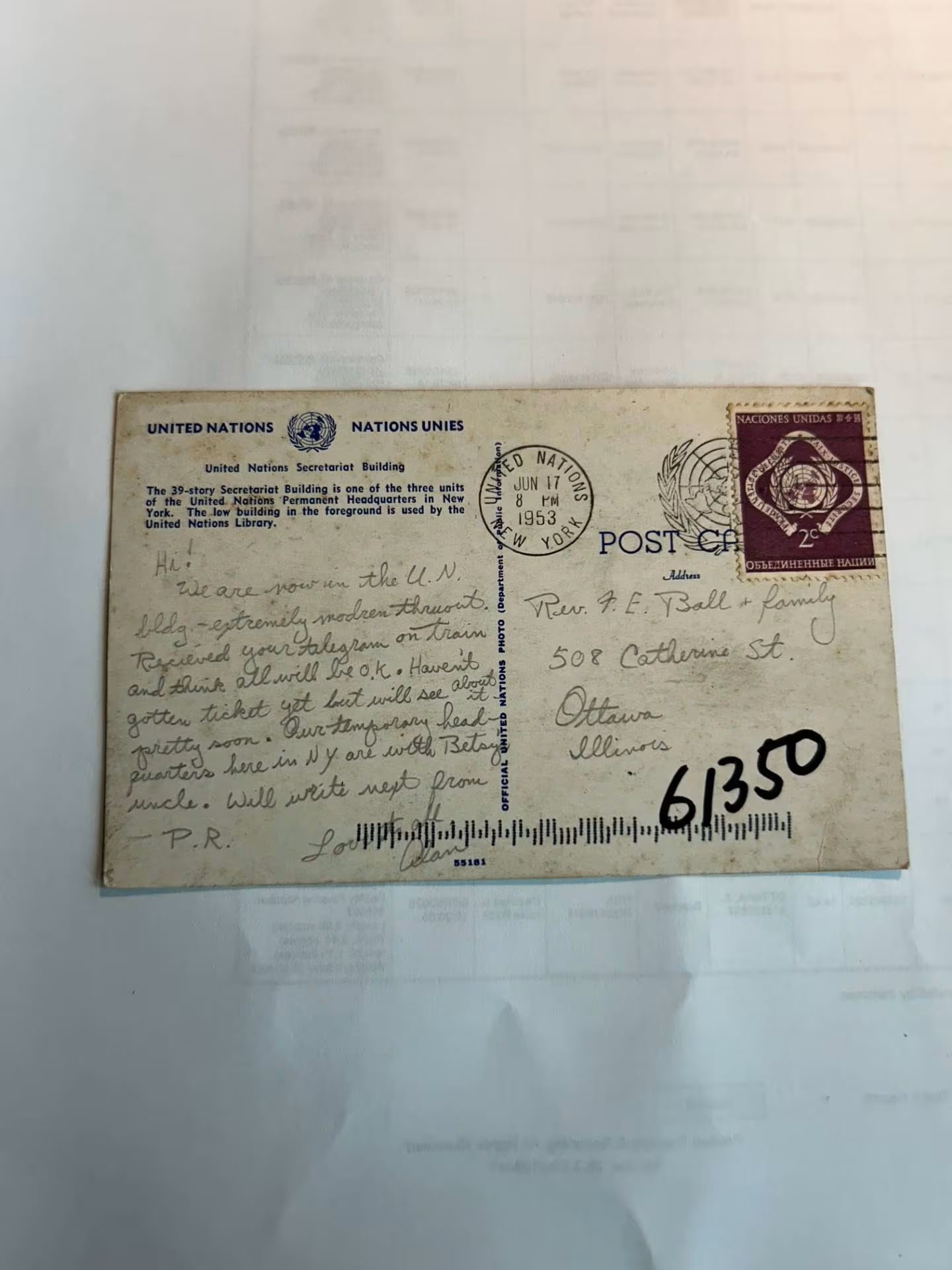 La correspondencia estaba dirigida al Reverendo F.E. Ball y su familia en Ottawa, Illinois