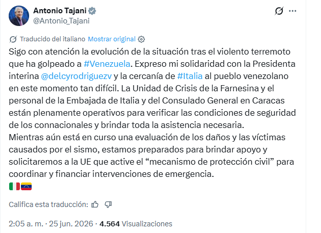 Tajani se solidarizó con Caracas