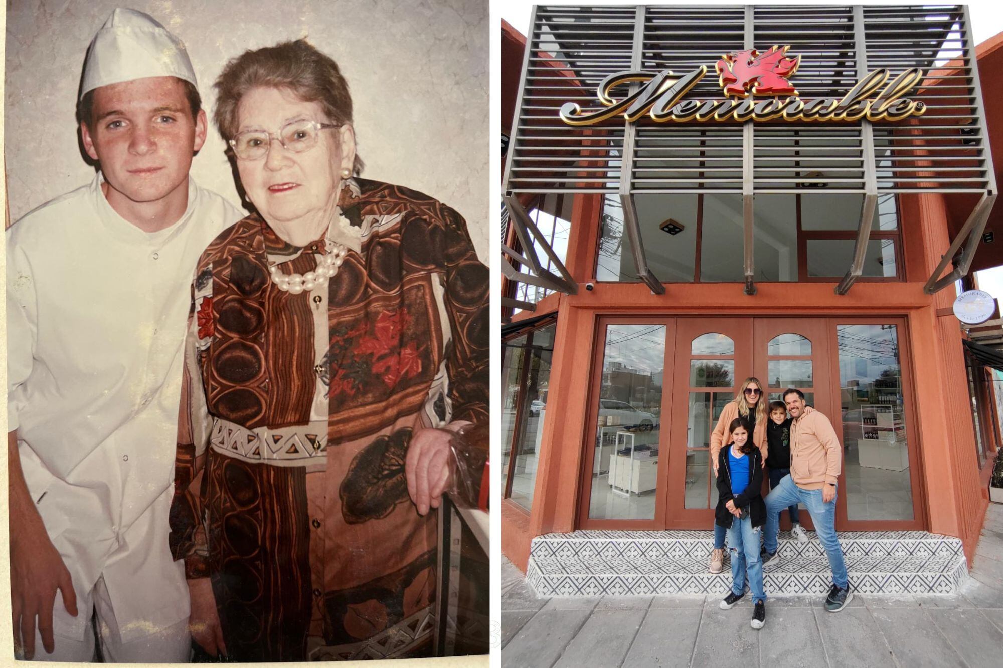 Ayer y hoy. El hermano de Mauro, Ariel Giannandrea, y su bisabuela Hilda Jones (izquierda). El local de Memorable, la empresa familiar, en Trelew.