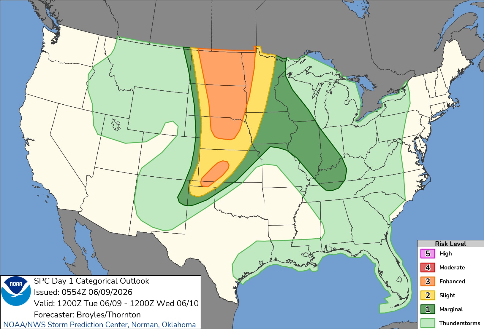 El Centro de Predicción de Tormentas (SPC) emitió un Riesgo Mejorado de nivel tres sobre cinco para porciones de Dakota del Norte, Dakota del Sur y Nebraska