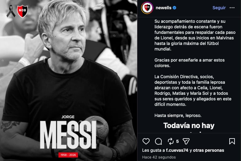 El comunicado de Newell´s por la muerte de Jorge Messi