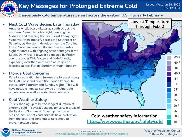Ciclón bomba: qué se sabe del fenómeno que impactaría en Carolina del Norte el último fin de semana de enero 6 Las bajas temperaturas continuarán en todo el este de Estados Unidos (FB NWSWPC)