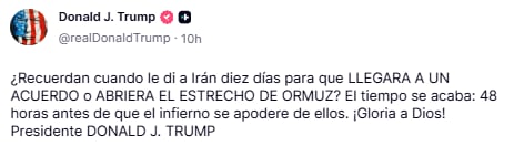 Donald Trump publicó un mensaje en Truth Social en el que señaló que a Irán le quedan 48 horas para llegar a un acuerdo o abrir el estrecho de Ormuz