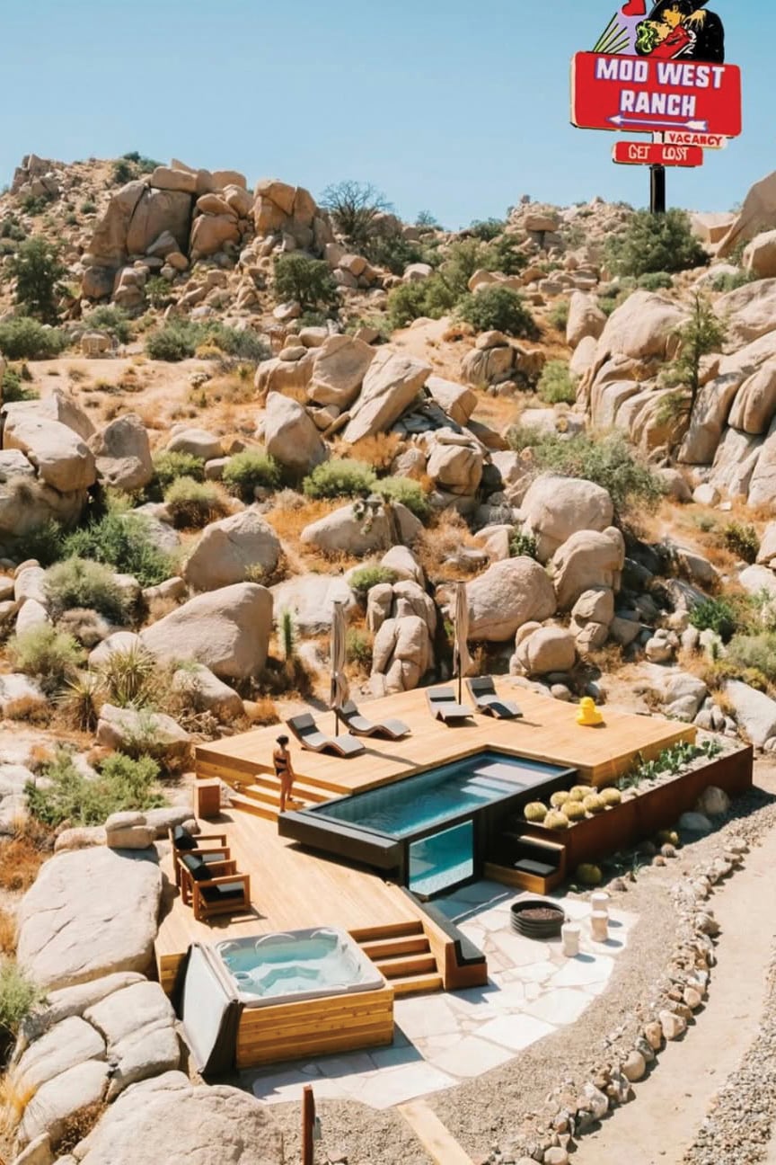 La vida al aire libre es protagonista en Mod West Ranch: una pileta climatizada de 67 metros cuadrados, una amplia terraza con vistas privilegiadas al desierto y un jacuzzi para seis personas invitan al relax