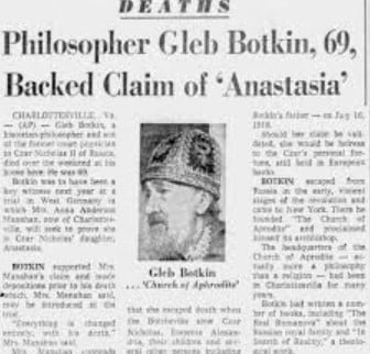 Recorte de una necrológica de Gleb Botkin, hijo del médico asesinado junto a los Romanov y uno de los principales defensores de Anna Anderson. Durante décadas sostuvo que la mujer era Anastasia, la hija menor del último zar de Rusia
