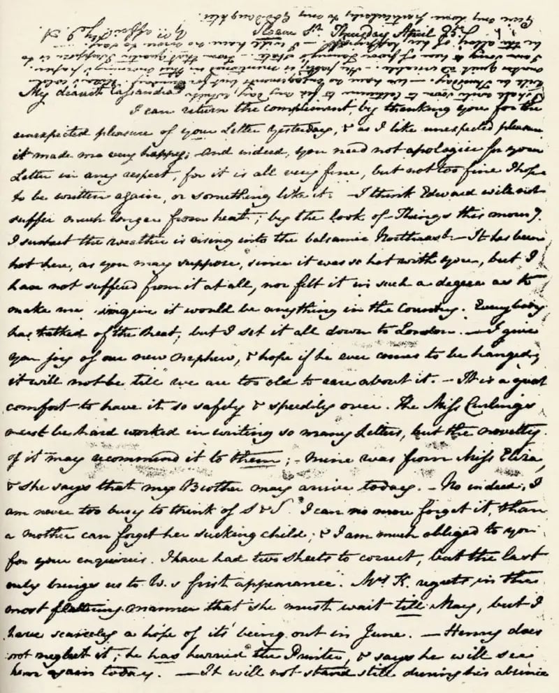 Una de las relativamente pocas cartas de Jane Austen a Cassandra que sobreviven hasta nuestros días