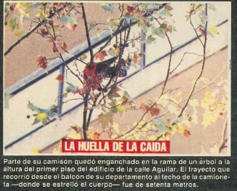 Fotografía tomada por la revista Libre donde muestra un pedazo de la tela roja del camisón de Stefani enganchado al árbol de la vereda