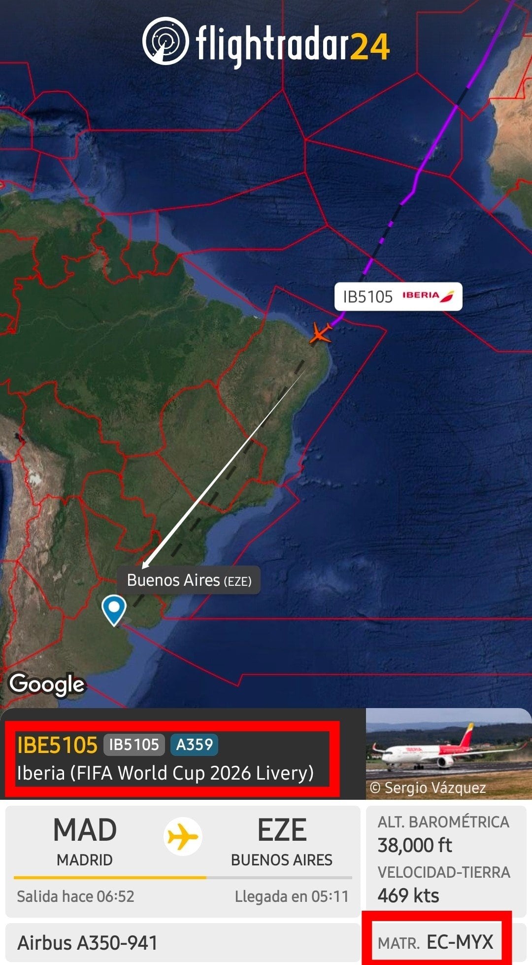 El avión despegó a las 8.45 de Madrid y aterrizó a las 16 20 en Buenos Aires