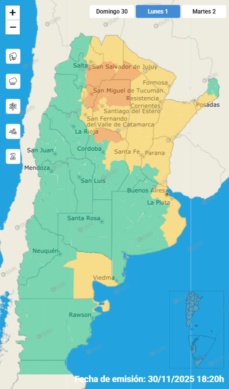 Las alertas emitidas por el SMN para este lunes 1 de diciembre