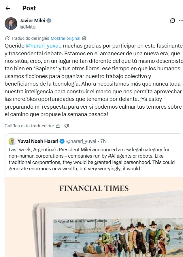 Milei le respondió al influyente historiador israelí