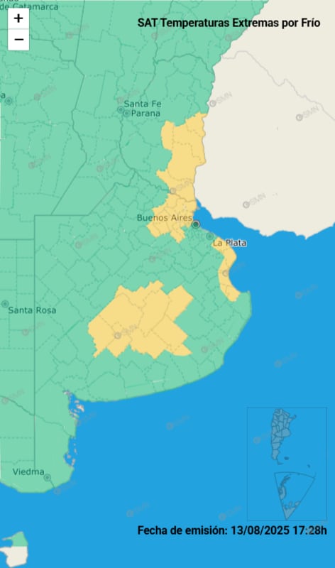 Las alertas emitidas por el SMN para este jueves 14 de agosto.