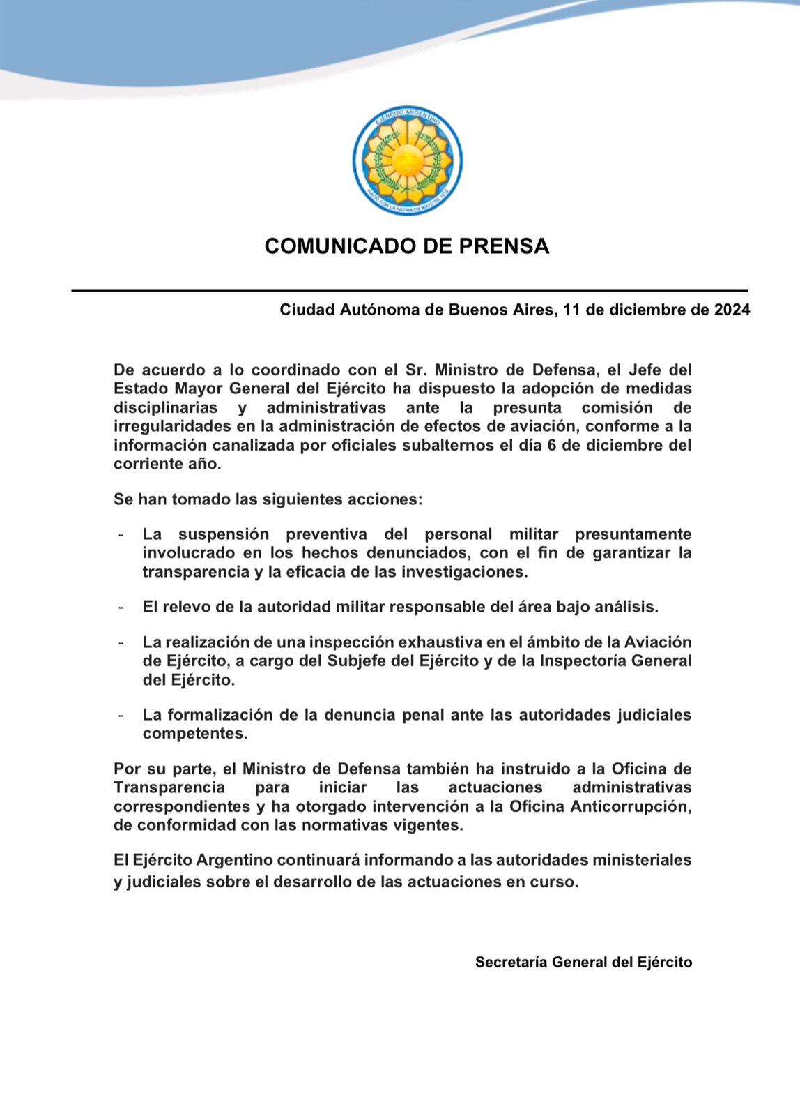 El comunicado del Ejército Argentino.