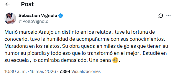 La despedida del Pollo Vignolo a su colega en las redes sociales