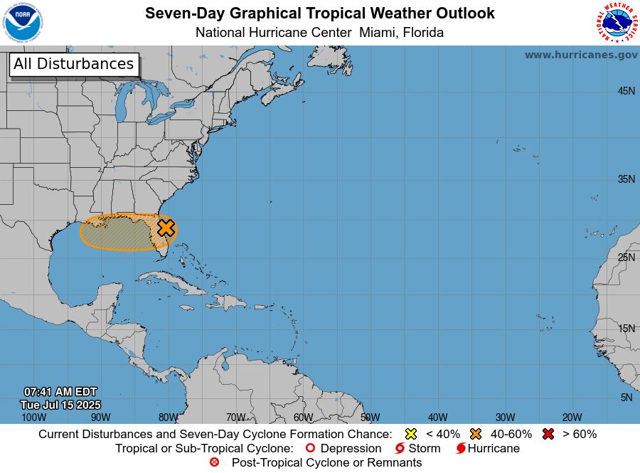 El peligro se desplaza hacia Louisiana y Mississippi: a partir del jueves, el sistema afectará el centro norte del Golfo con lluvias persistentes, acumulaciones extremas y riesgo de inundaciones repentinas, especialmente en Nueva Orleans y Baton Rouge