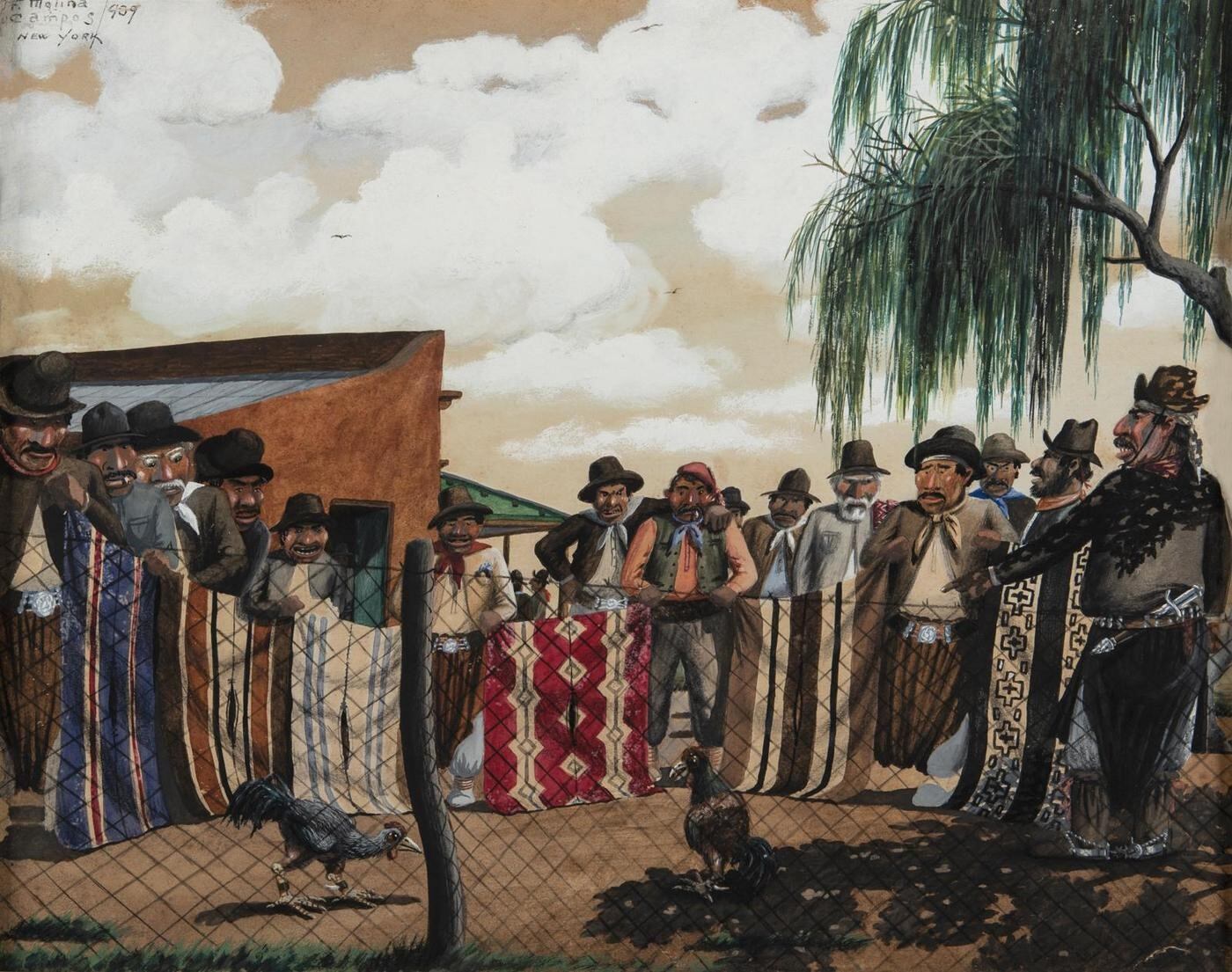 Riña de gallos (1939), témpera sobre cartón de Florencio Molina Campos, exhibida en Roldán Moderno