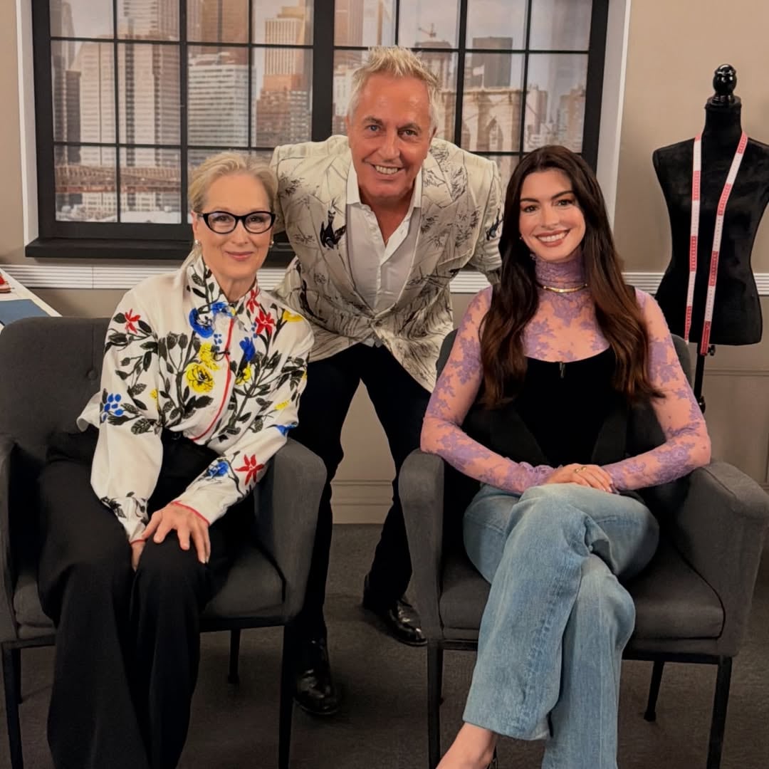 Marley junto a Meryl Streep y Anne Hathaway, con quienes tuvo una charla exclusiva que será transmitida en Por el mundo (Telefe). (Foto: Instagram/@marley_ok)