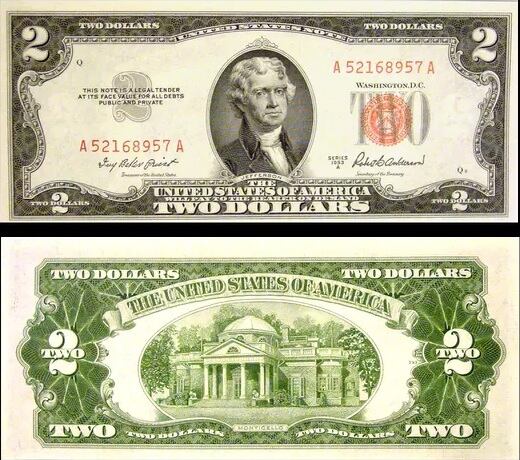 Desde 1928 hasta 1976, el diseño del billete de dos dólares contaba con la imagen de Thomas Jefferson en el anverso y su residencia Monticello en el reverso