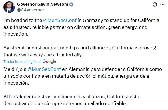 Newsom viaja a Alemania para asistir a la Conferencia de Seguridad de Múnich