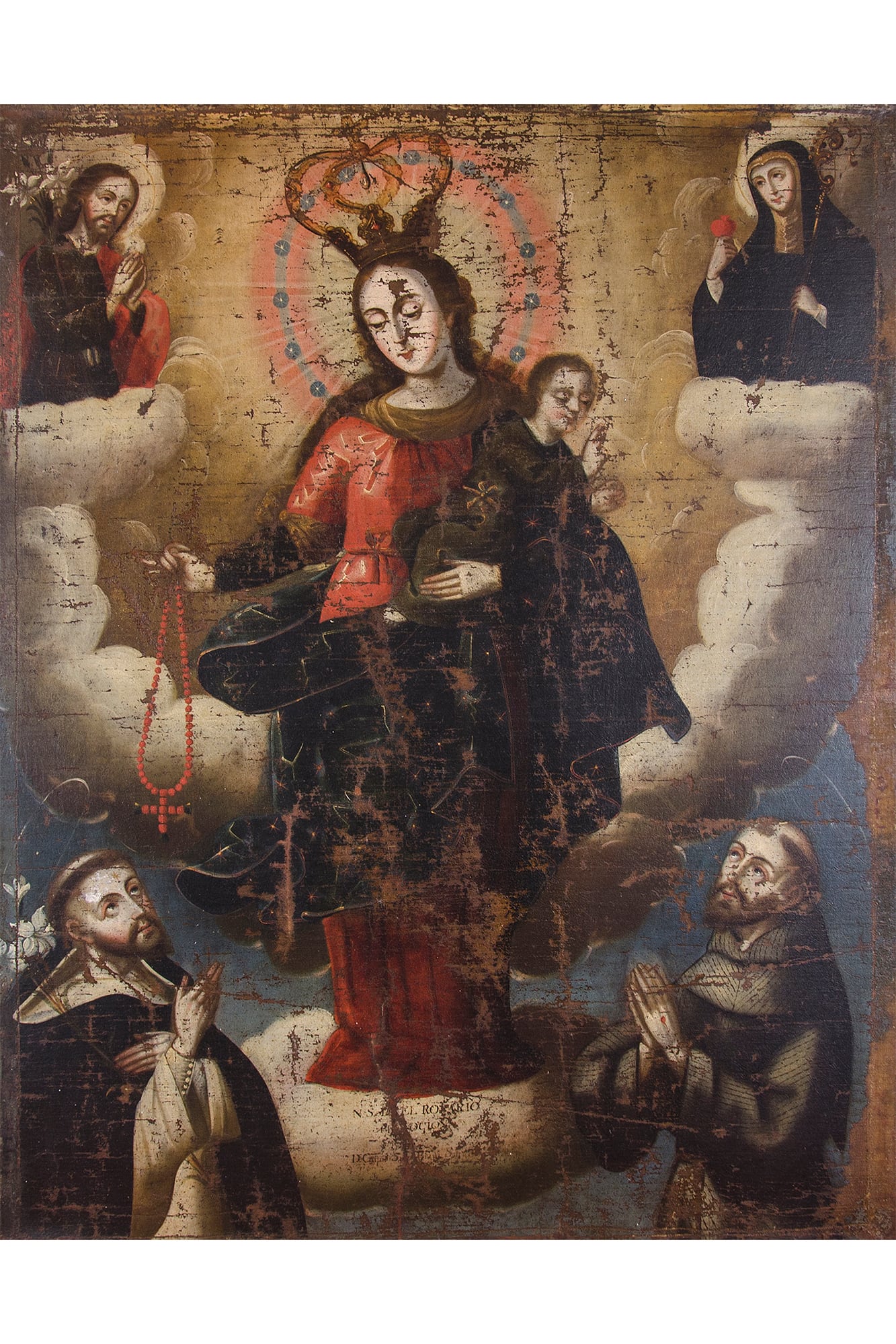 Virgen del Rosario, atribuido a Tomás Cabrera (Salta, fines del siglo XVIII), óleo sobre tela. Cabrera había nacido en Salta hacia 1721 y murió en 1801. Según consta en las actas capitulares de la ciudad, en 1789 fue nombrado maestro mayor de pintura